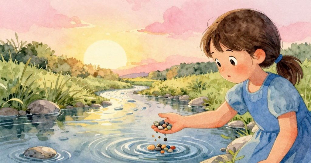從背後看, Ingrid 將五彩卵石投入溪流, 水面產生漣漪, 自然光柔和, 呈現生動互動。