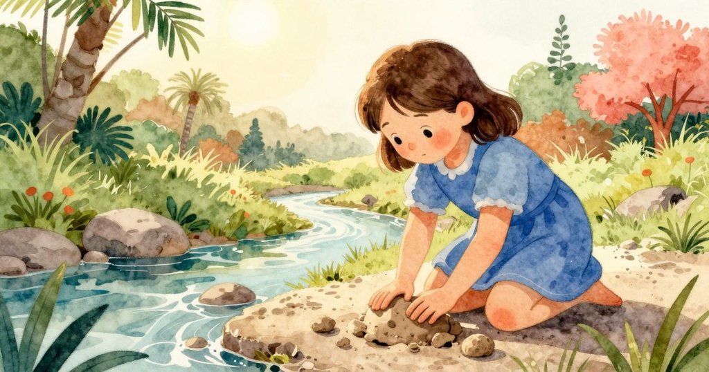 隨著時間流逝, Ingrid在溪邊壓平軟泥, 水色加深, 草叢隨夕陽低垂, 呈現柔和轉變。