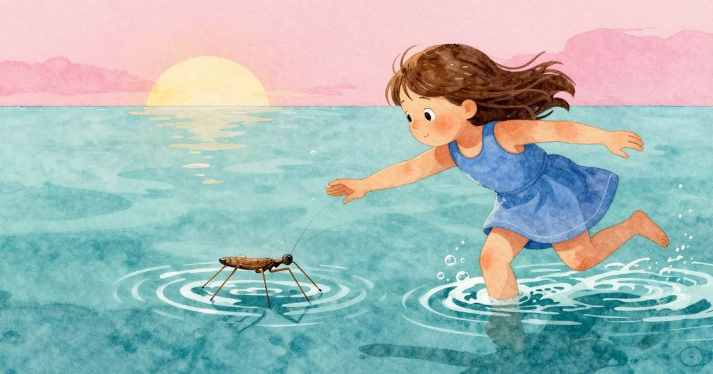 水黽飛速穿梭水面, Ingrid 興奮伸手追逐, 水波與氣泡交織, 充滿動感活力。