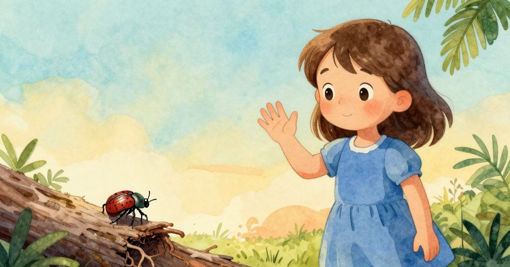 Ingrid 微笑揮手告別, 觀察小甲蟲沿木頭爬行消失, 夕陽餘暉中呈現寧靜溫馨的結局。