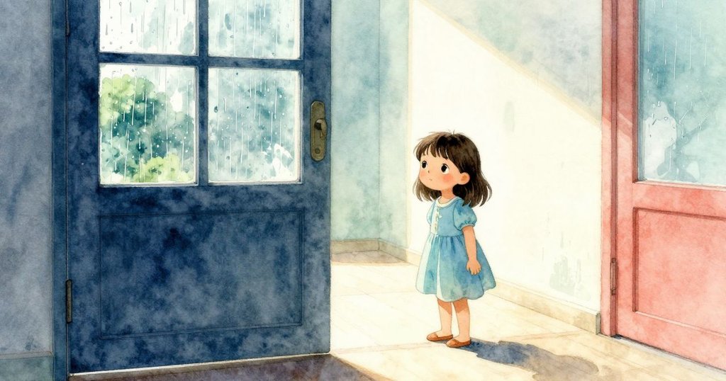 Yvette站在門邊傾聽雨聲，室內光線柔和，雨滴敲打玻璃，氛圍寧靜，預示新一天開始