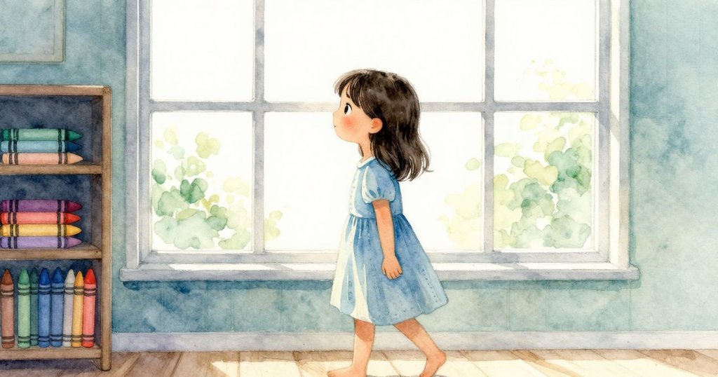 Yvette走向高窗，途中經過擺有鮮豔蠟筆的藝術書架，步伐從容，室內充滿溫暖自然光線