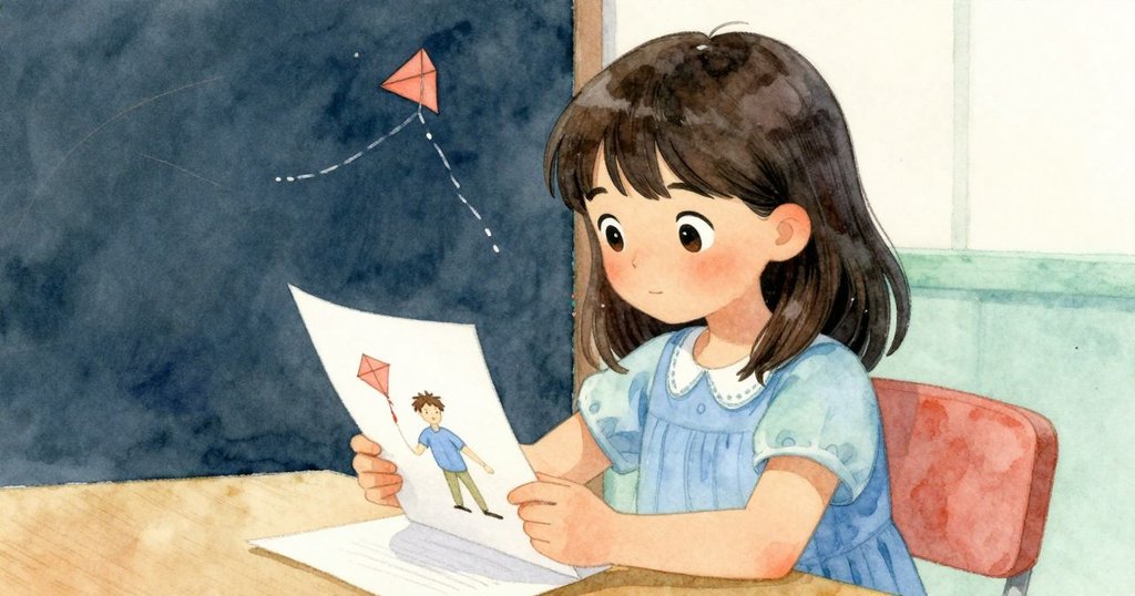 Yvette在辦公桌前發現翹起的紙角，露出父親與風箏的圖畫，老師溫柔問候，場景充滿溫馨氣息