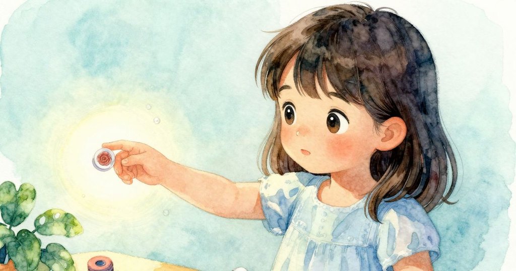 Yvette靜靜走回藝術書架旁，發現蠟筆下隱藏的小玫瑰鈕扣，光芒柔和，她輕觸探索，流露驚喜情緒