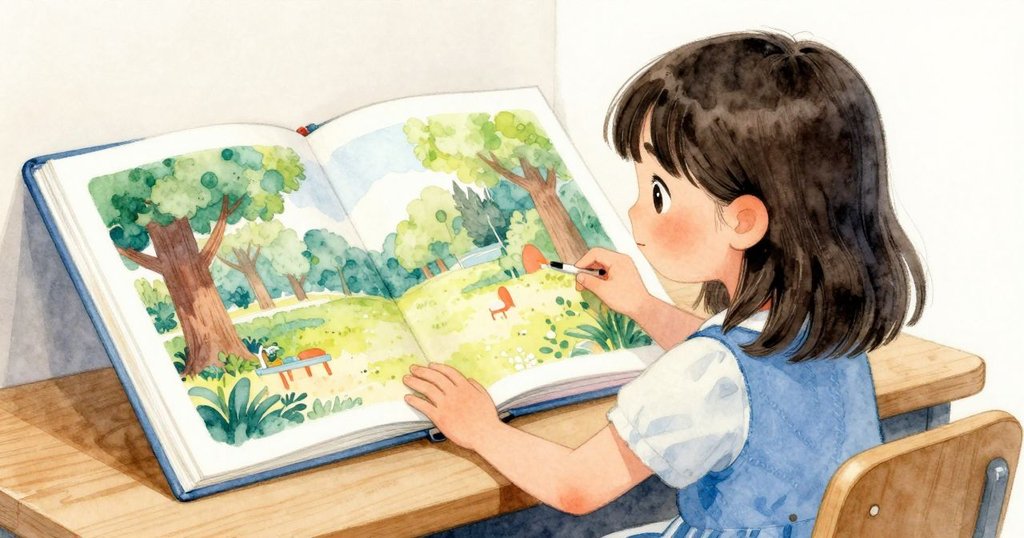 Yvette在木桌前發現打開的圖畫書，展示夏日公園景象，她動作充滿靈感，整個場景散發溫馨光暈