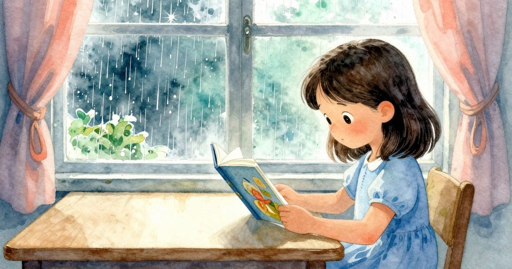 Yvette安靜坐在桌前閱讀圖畫書，透過窗戶觀察雨景，室內充滿靜謐與思緒的溫柔光影