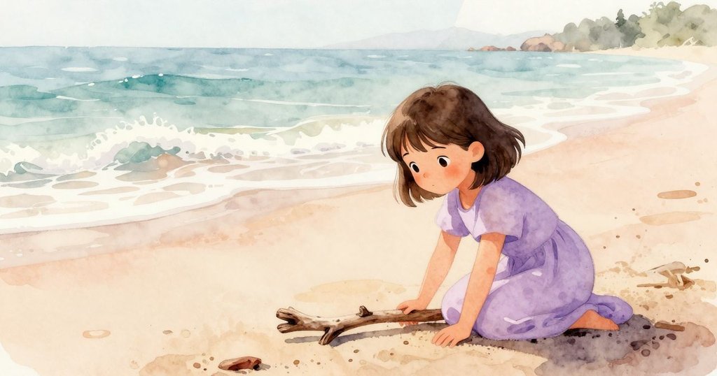 Fiona在海灘上跪於濕沙上，用棍子聞鹹味，光線溫暖，樹枝散落，開始創作沙雕，心情安寧。