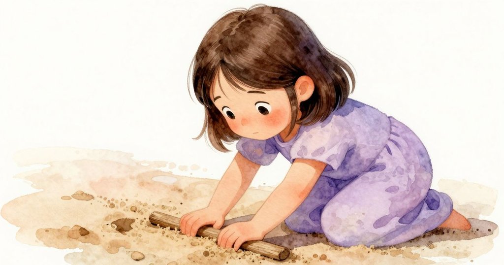 Fiona近距離專注壓濕沙，用扁棍塑形，臉上展現驚奇與堅定，細節豐富，捕捉創作瞬間。