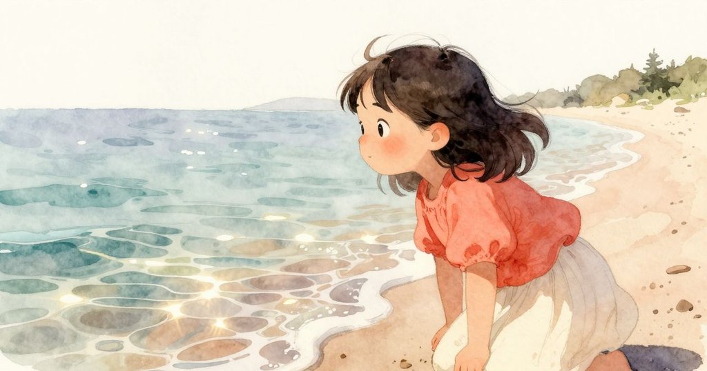 Gemma透過潮池中閃爍的水面觀察沙象，眼神充滿驚喜與期待，背景溫暖明亮，情感細膩流露。