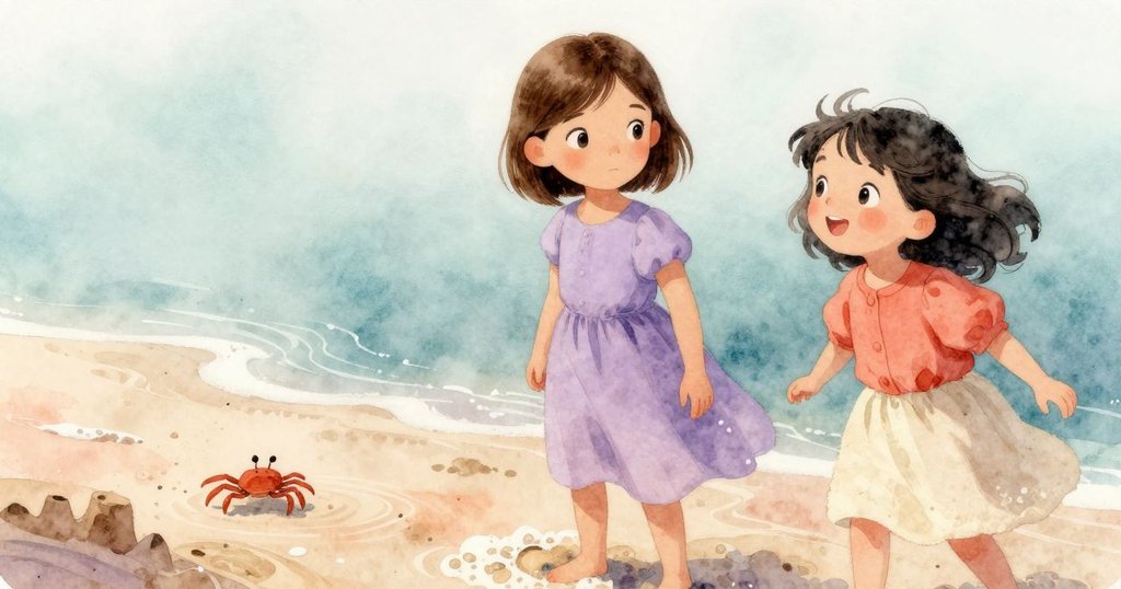 水下視角呈現沙象底部，柔和水泡中一隻小螃蟹靠近觀察，場景細膩，充滿好奇與柔情。