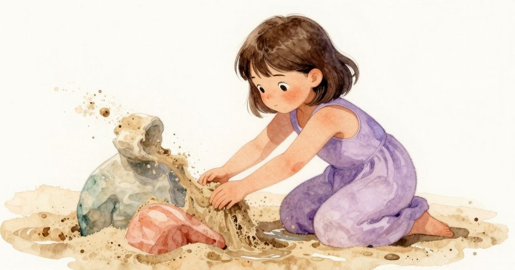 面對沙象一部滑落，Fiona迅速舀起濕沙加以修補，神情專注而堅定，展現動態與緊張。