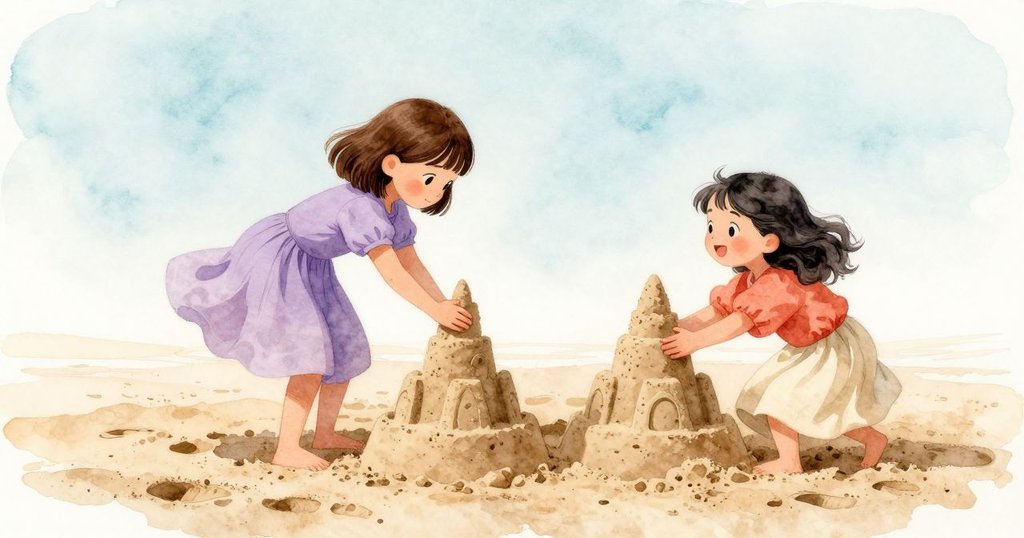 Fiona與Gemma在沙灘上共同欣賞完成的沙象，腳印清晰，小螃蟹探訪，兩人滿懷喜悅，再聚一堂。