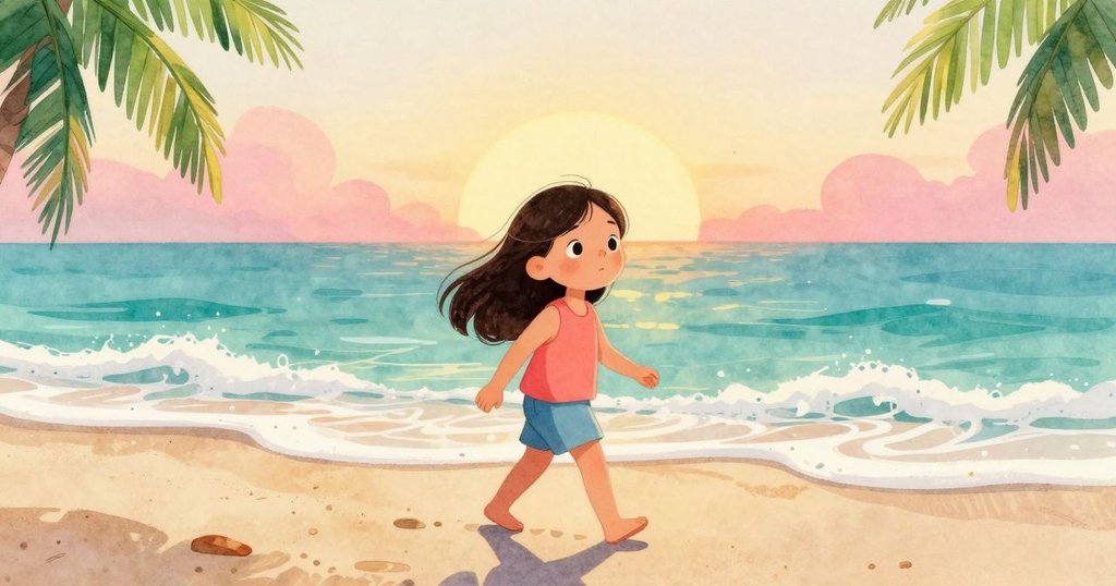 莉奧拉在沙灘上邁步前往波光粼粼的海邊，臉上充滿期待，清晨海邊風景展開探索旅程。