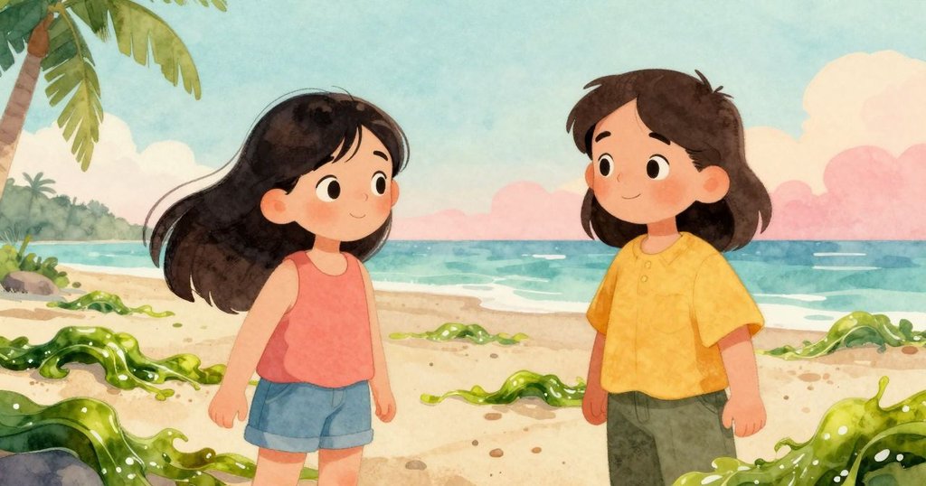 海邊近拍綠色海藻與濕沙質感，足跡漸淡，展現大自然細緻變化和故事發展中的觸感細節。