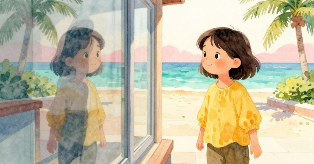 透過玻璃窗看到教師沿著棧道漫步，室內與室外溫暖光線交織，展開故事室內外過渡。