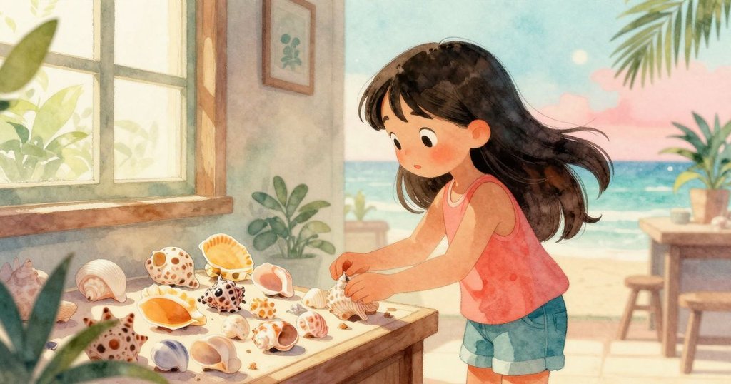 莉奧拉在室內展覽室中觀察排列整齊的貝殼，室內光線柔和，展現海邊探索後的新發現。