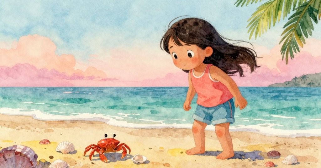 莉奧拉在海邊面對一隻好奇的小螃蟹，神態中流露出疑惑與探索的掙扎，展示自然奧秘。