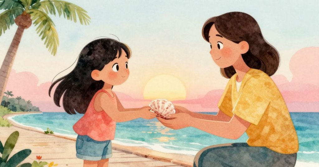 在溫暖夕陽下，教師將獨特海貝遞給莉奧拉，兩人真摯互動，象徵探索與理解的美好傳承。