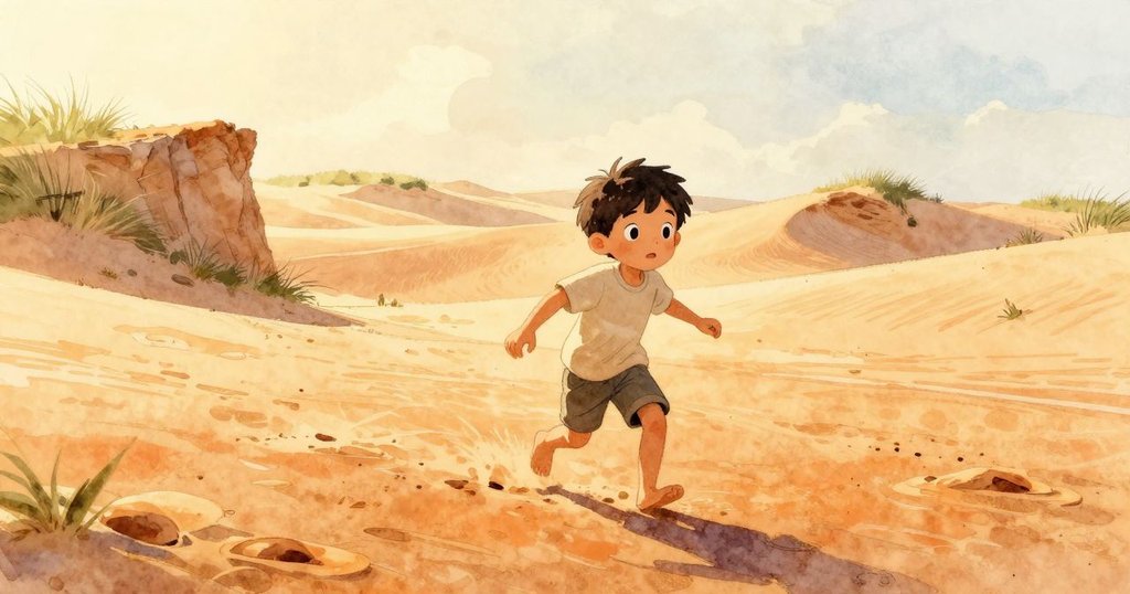 男孩Rafael走進金色沙灘，輕步踏過濕潤沙面，早晨陽光暖和，展現期待與活力