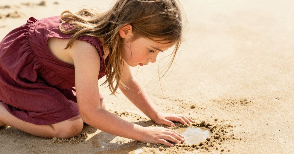 女孩Gwen彎身靠近淺水池，仔細觀察濕沙中模糊的物件，眼神充滿好奇與驚喜