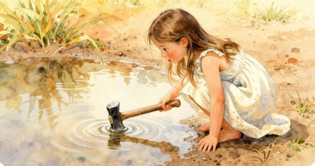 女孩Gwen注視著水面中映出的物件輪廓，水珠閃爍反射出神秘光芒，背景為柔和早晨沙灘