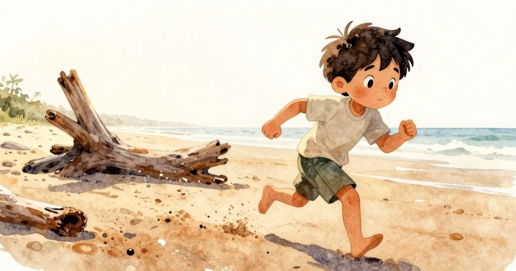 男孩Rafael急步走向深色漂木，微風吹拂濕沙，乾燥閃亮的沙紋隱現於腳下，展現行動與期待