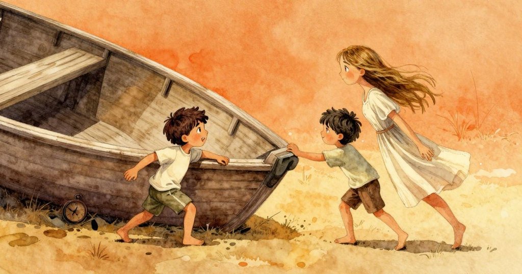 男孩Rafael與女孩Gwen一同走向傾斜的小船，船下閃爍著微小鐘表，綠苜蓿點綴沙面，氛圍充滿期待與神秘感