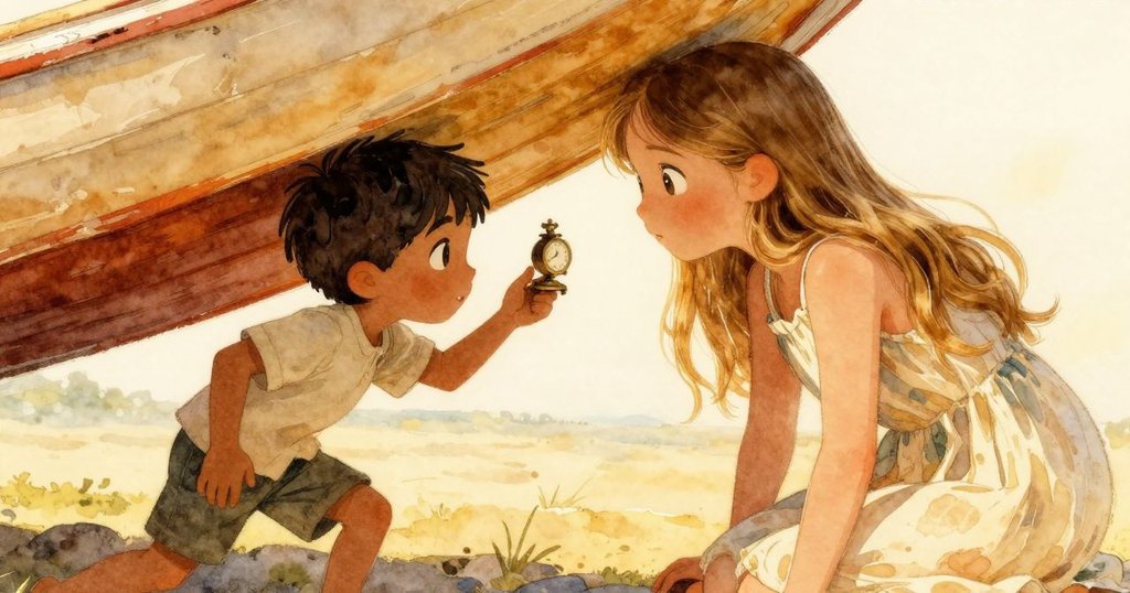 男孩Rafael與女孩Gwen近距離注視著小船下閃爍的鐘表，彼此交換著驚奇的眼神，溼沙與船影細節分明，充滿感動