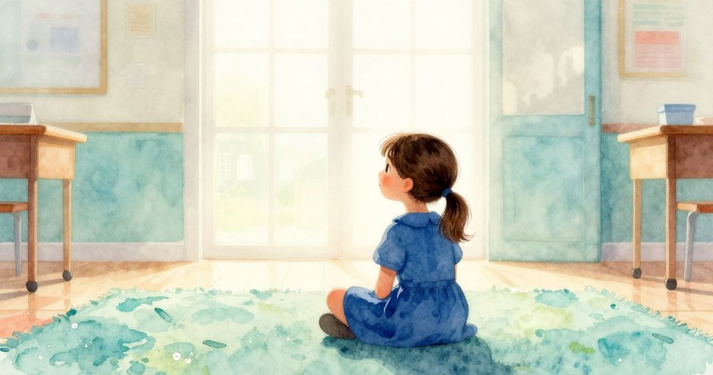 奧黛特以剪影姿態坐在鋪著地毯的教室中,背景明亮溫暖,展現靜謐好奇的心情。