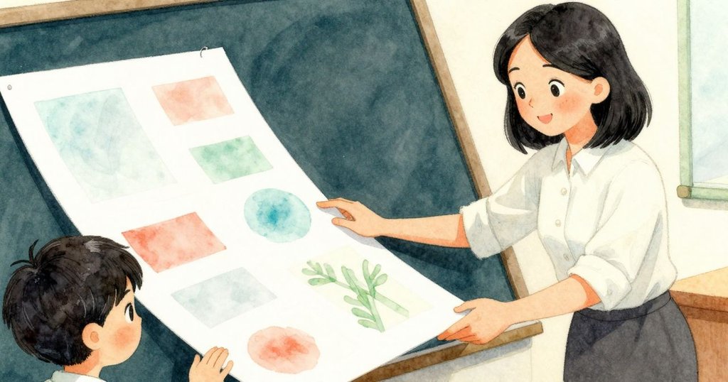 老師仔細按壓著滑動的紙張,展現細膩紙質與飄動灰塵,室內溫暖光線中情節推進。