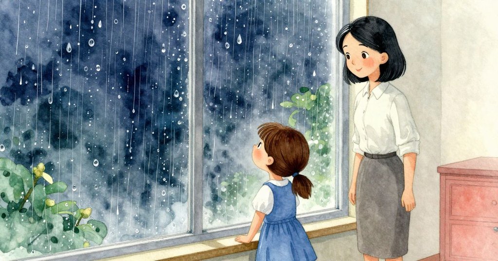 奧黛特和老師在窗邊注視著輕柔落下的雨滴,室內溫暖與窗外雨天交織,情緒沈靜。
