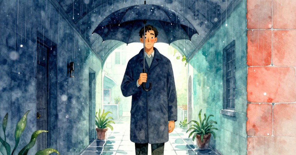 父親出現在濕潤走廊中,傘上滴水映襯著瓷磚反光,雨天氛圍明顯,增添故事節奏。