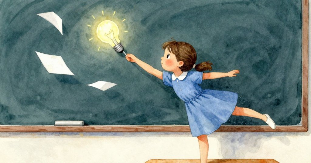 奧黛特驚奇地看著漂浮紙張輕撞磁鐵,磁鐵搖晃靠近粉筆,動作生動引人入勝。