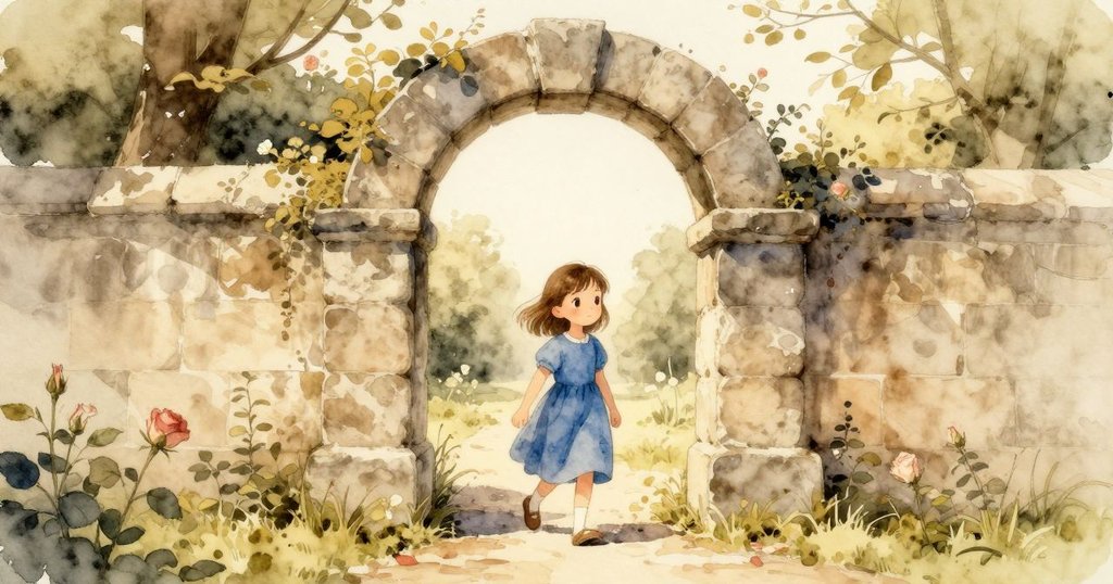 Viola 踏入石拱門進入公園, 手觸木紋, 表情充滿期待, 早晨陽光灑落, 自然景致展現