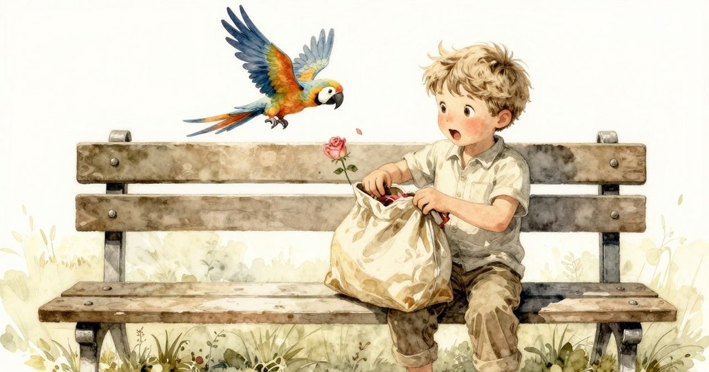 另一個孩子打開小背包, 玩具鸚鵡意外掉落, 孩子驚喜互動, 公園背景充滿柔和光線