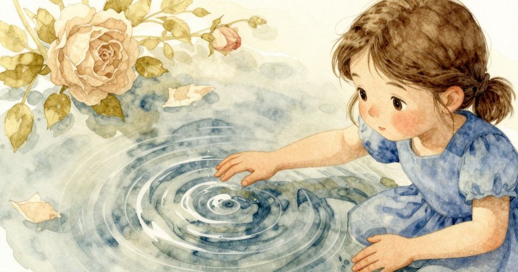 Viola 伸手觸碰水坑中閃爍的大理石, 漩渦般藍綠色彩展現微妙神奇, 表情充滿驚奇