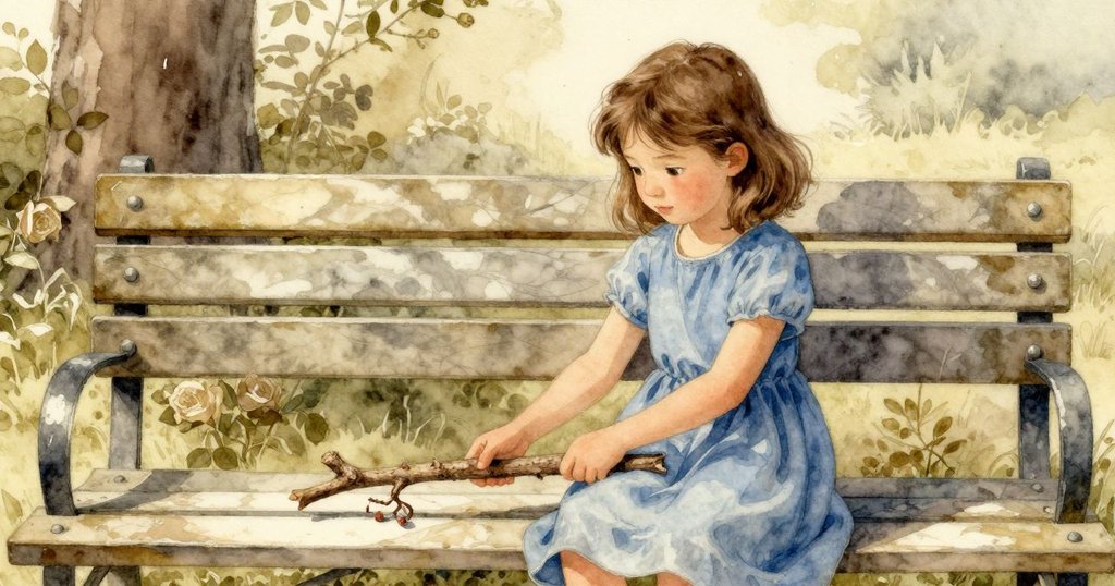 Viola 膝蹲在長椅旁, 用樹枝將大理石從水坑推至草地, 陽光從早晨轉向中午, 氣氛溫柔