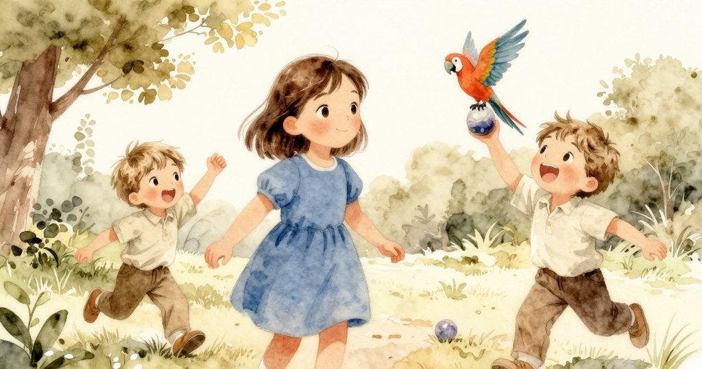 Viola 和另一孩子面帶微笑鼓掌, 共同慶祝大理石與玩具鸚鵡重聚, 公園中充滿歡快與自然氛圍