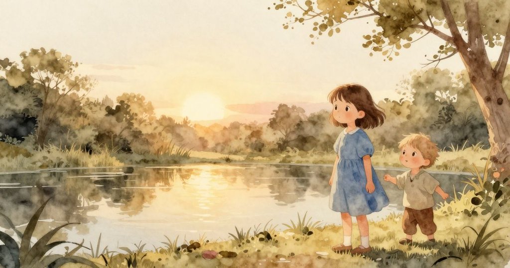 在金色夕陽下, Viola 和另一孩子站在池塘邊, 大理石與玩具鸚鵡靜臥草地, 溫柔光影營造寧靜結尾