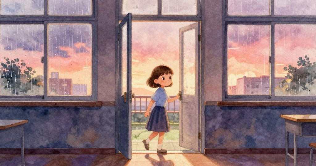 瓦爾達走進明亮雨窗的教室，手持紙張，表情充滿好奇與期待，背景充滿溫暖光影。