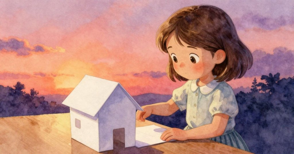 瓦爾達在課桌上摺出小巧紙屋，輕輕點觸屋頂，粉筆塵微微飄落，展現創意與專注的瞬間。