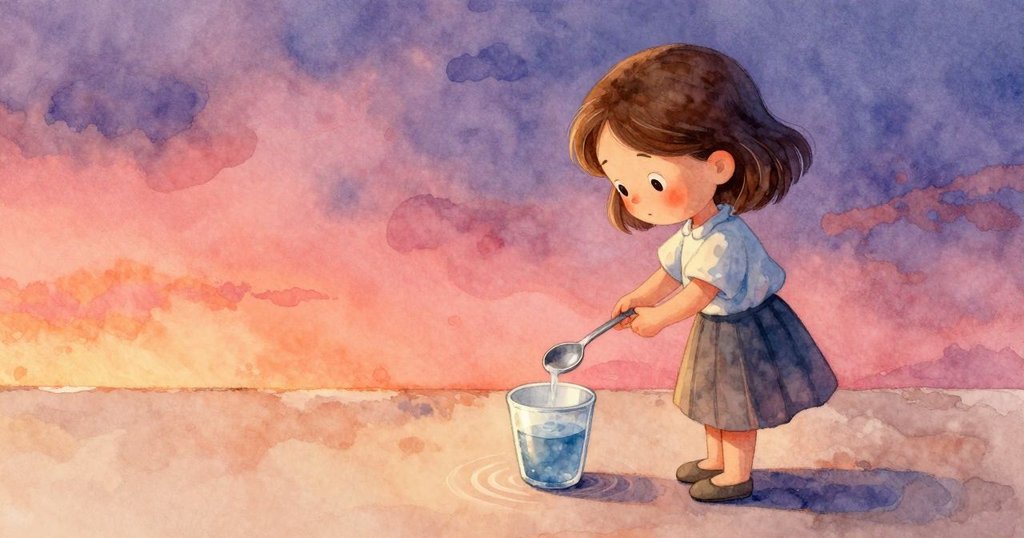 從背後角度看見瓦爾達輕拂金屬湯匙，湯匙動作產生水杯中漣漪，背景溫柔光線下展現探索精神。