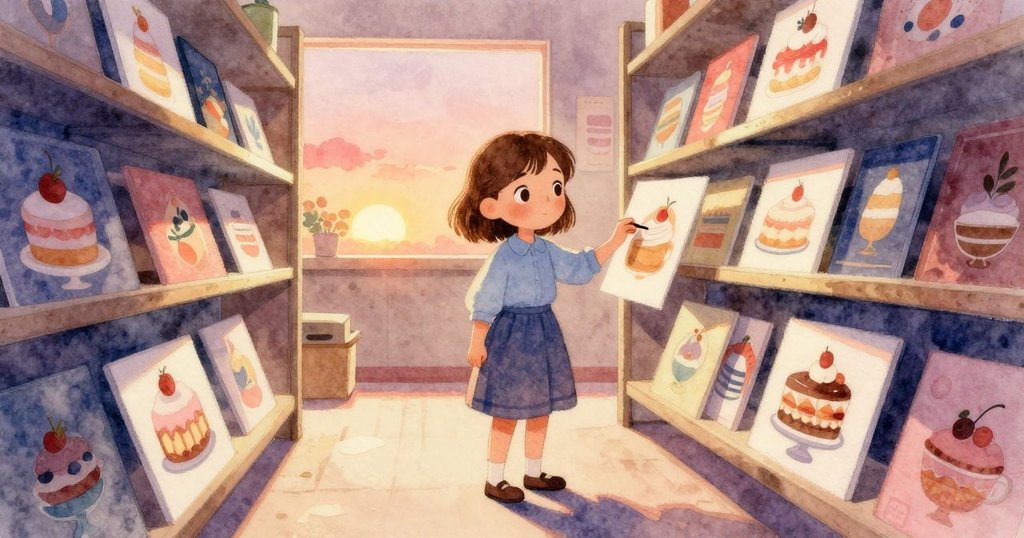 瓦爾達走進藝術儲藏室，面前掛有色彩繽紛的甜點畫作，她輕觸紙張邊緣，周圍陳列著藝術用品，充滿創意。