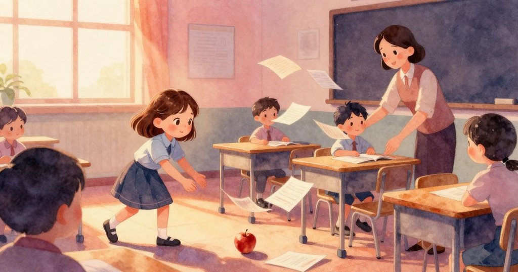 瓦爾達注視著滾動的蘋果碰觸課桌，紙張滑動，老師及時扶正，教室中透露出微妙的緊張與好奇。