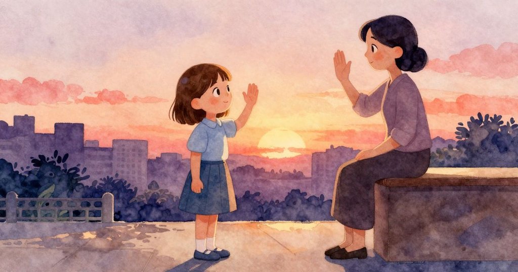 瓦爾達在教室中向逐漸靜默的場景揮手告別，神情平靜而溫柔，象徵創造性一天的結束。