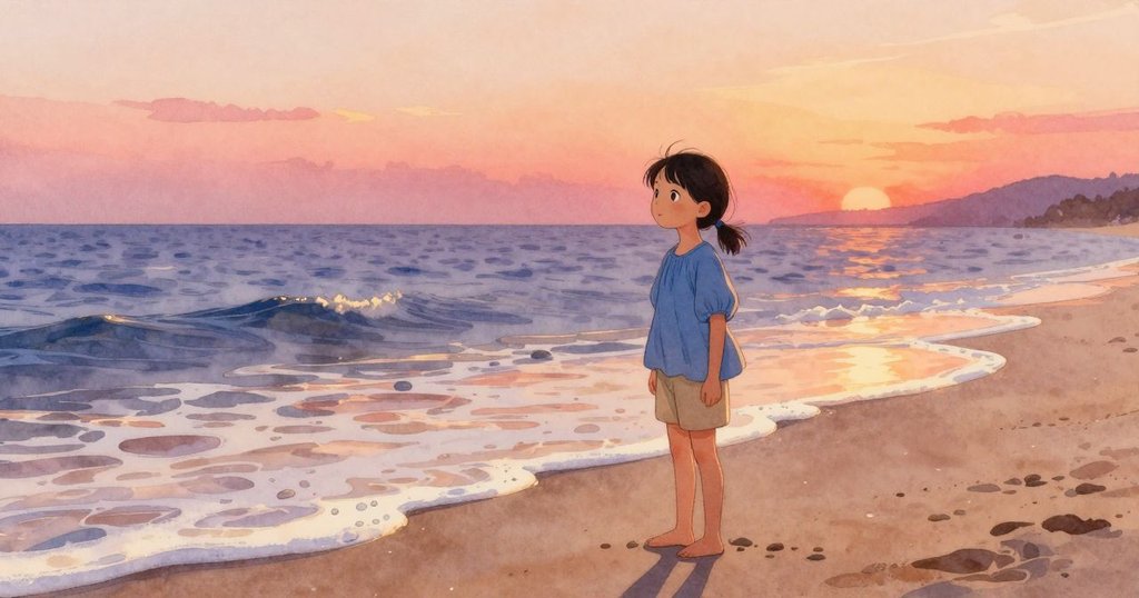 Noemi在海邊潮池旁蹲下,欣賞溫暖晨光中的寬闊沙灘與退去的浪花,充滿好奇與喜悅