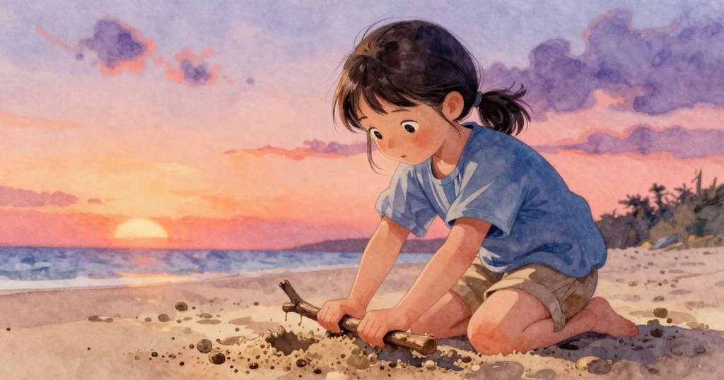 Noemi專注地用平棍按壓濕沙,形成一條窄徑,展現細膩沙紋與探索的動作