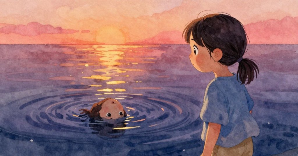 Noemi凝視著鏡面般的水流,晨光金色閃爍映出她好奇的神情,水面與沙邊細膩交織