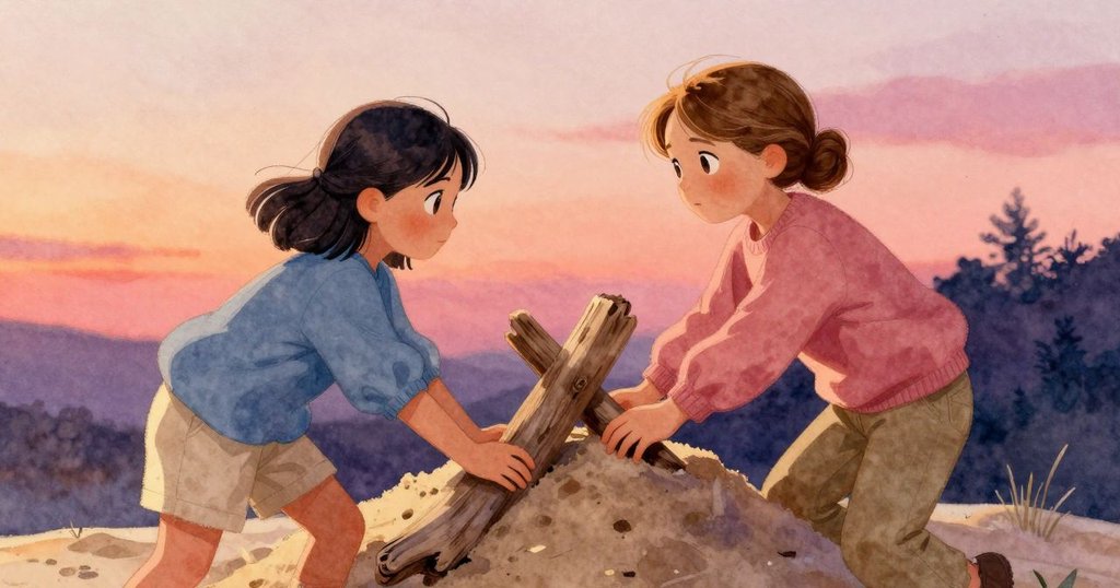 Noemi與Bea並肩站在沙丘旁,共同抬起漂流木抵擋沙牆,臉上展現專注與合作的神情