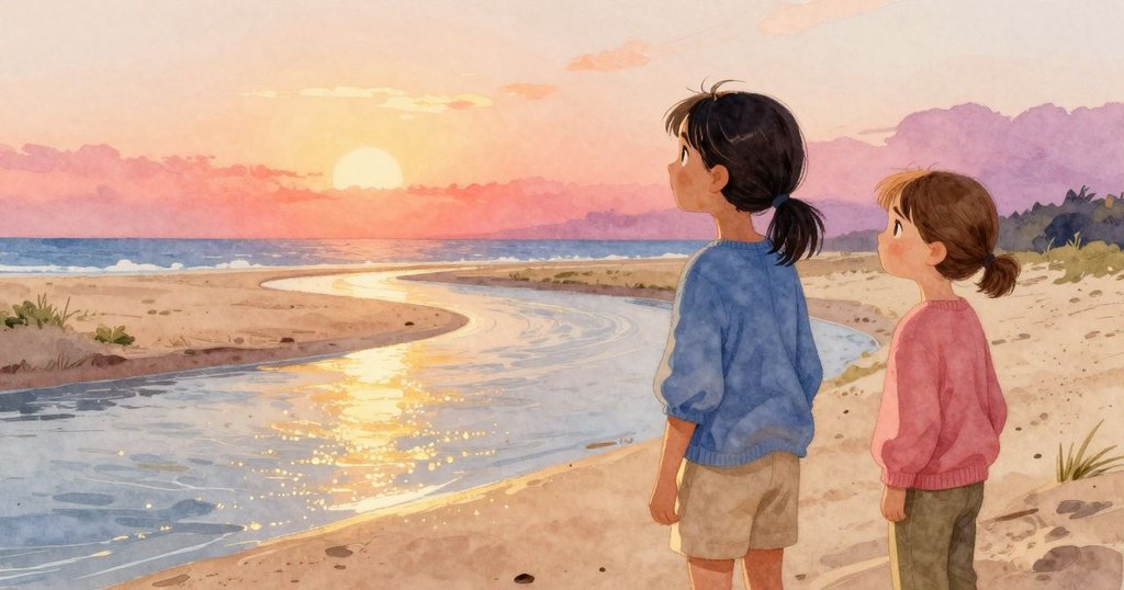 Noemi與Bea站在邊緣,望著閃耀沙流流向浩瀚大海,心中滿懷驚喜與期盼,新旅程展現無限可能